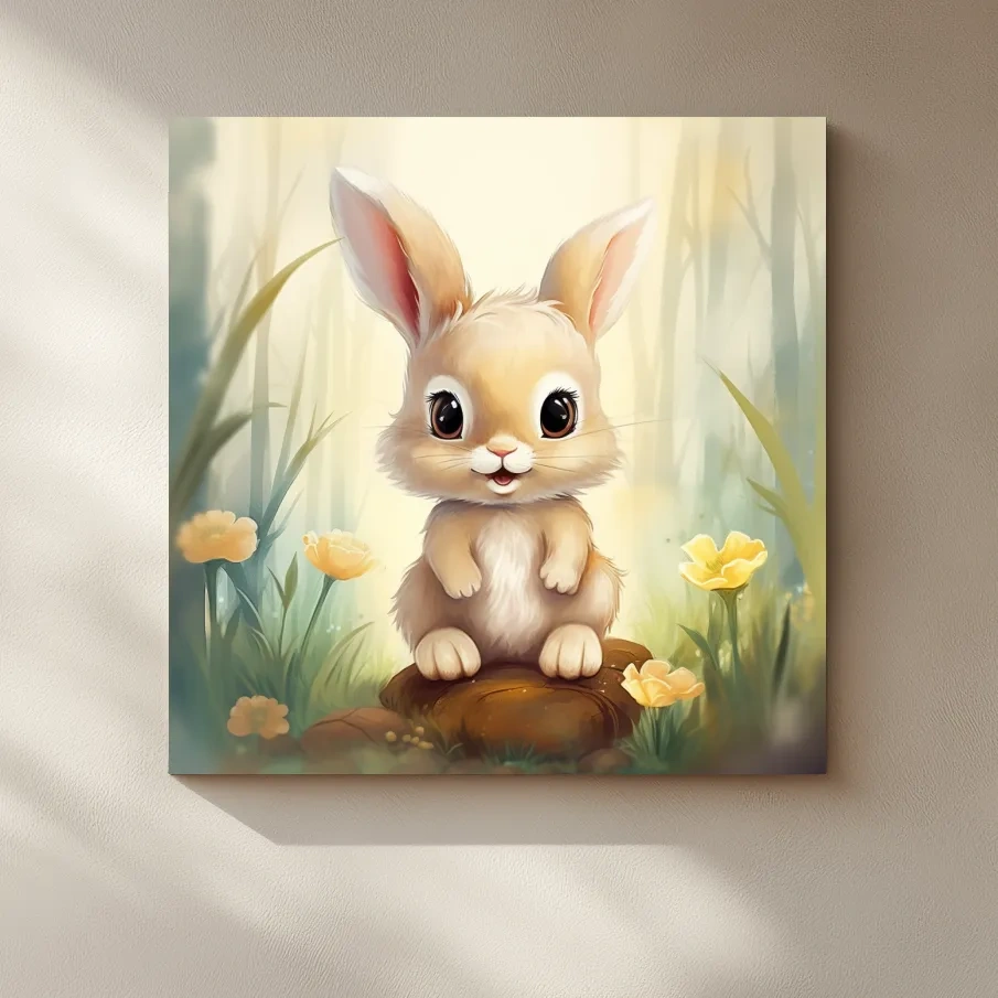 Nursery art - illustration of a cute bunny rabbit in the forest