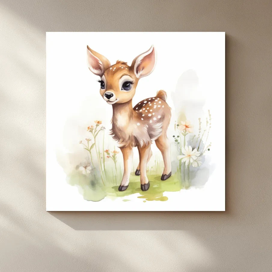 Simple watercolor painting of a cute deer fawn in the forest, nursery art