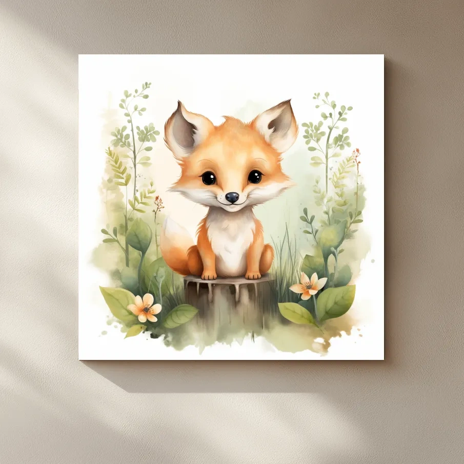 Watercolor nursery art illustration, a cute fox cub sitting on a log