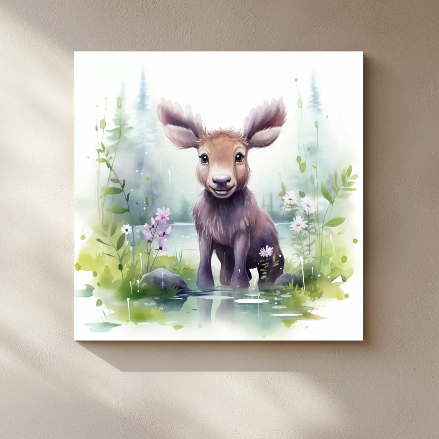 Watercolor painting of a cute baby moose in the forest, nursery art