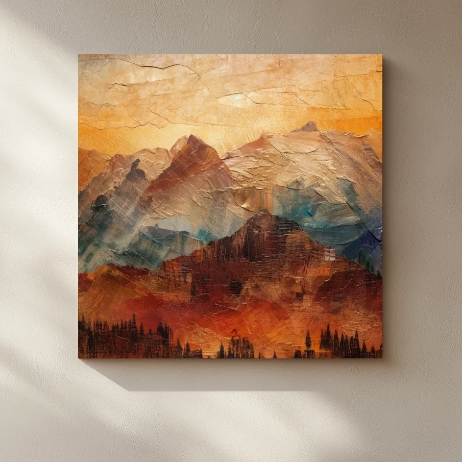 Rustic textured painting effect artwork of mountains at sunset