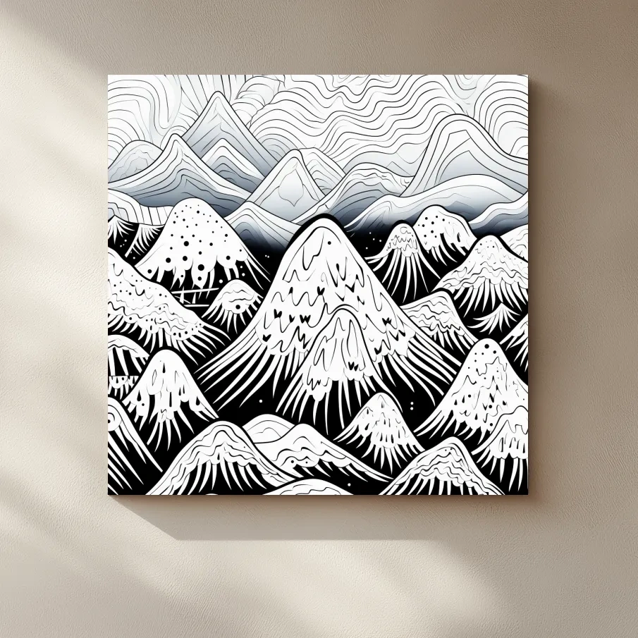 Black and white illustration of snowy mountain peaks