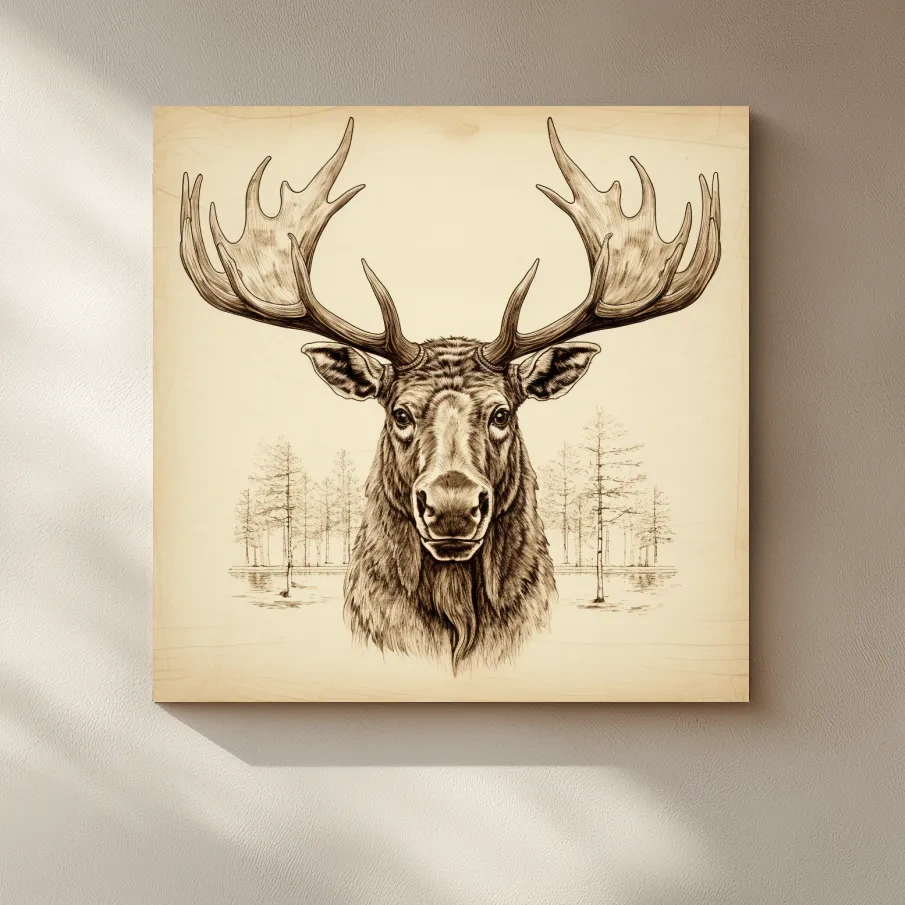 Rustic Sepia Moose Head Sketch - Vintage Woodland Wildlife Wall Art