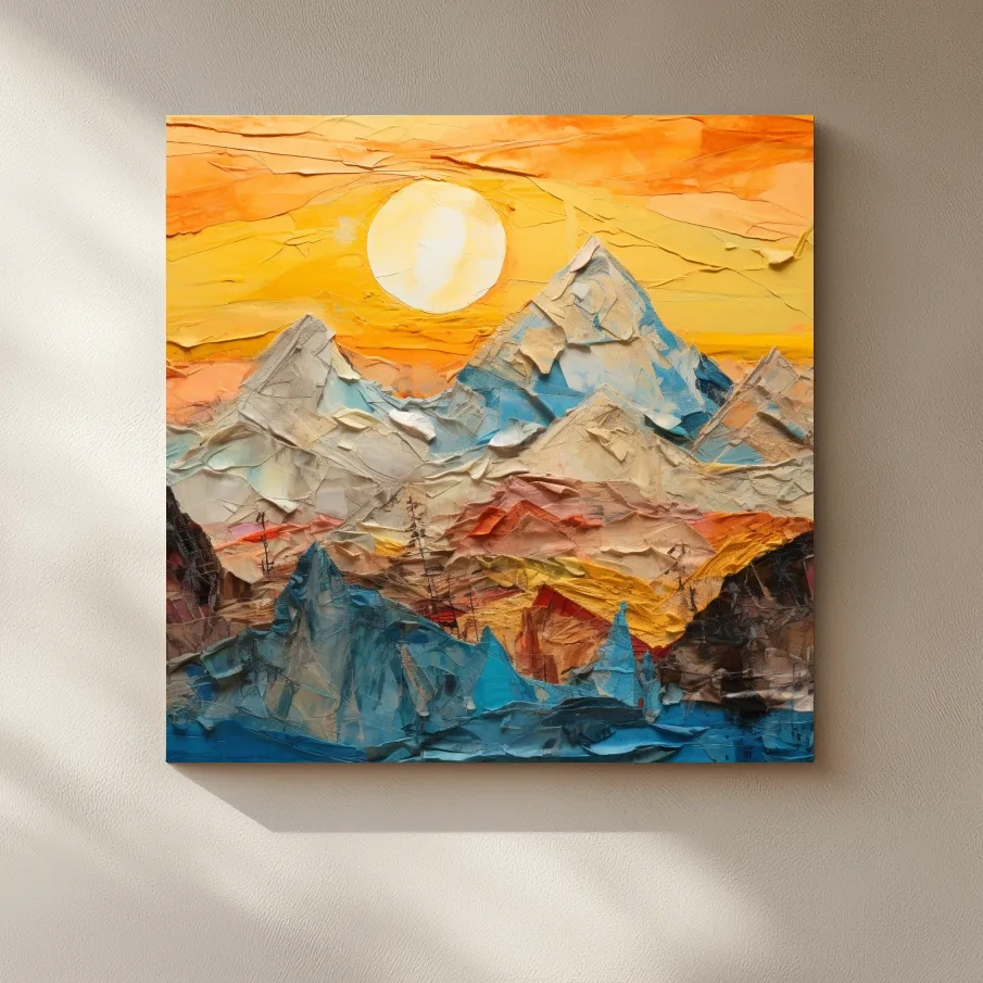 Textured art paper mache effect, mountains at sunset canvas art