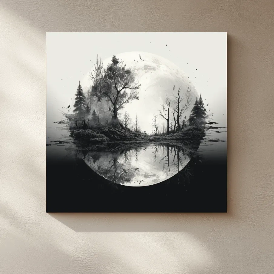 Surreal double exposure moon and forest drawing artwork