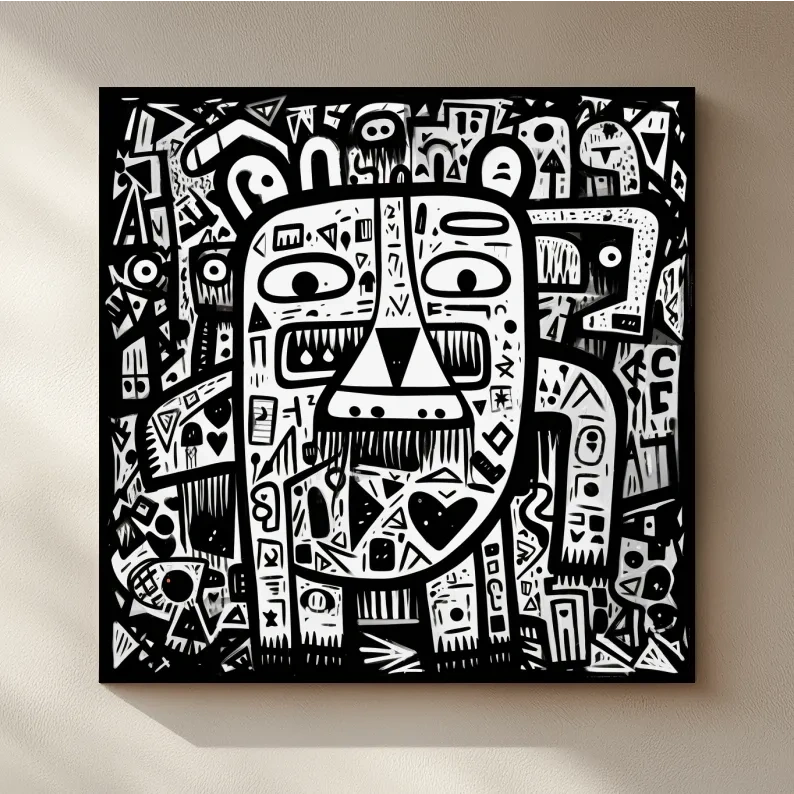 Abstract Black And White Graffiti Bear Doodle Art - Bold Geometric Animal Wall Art