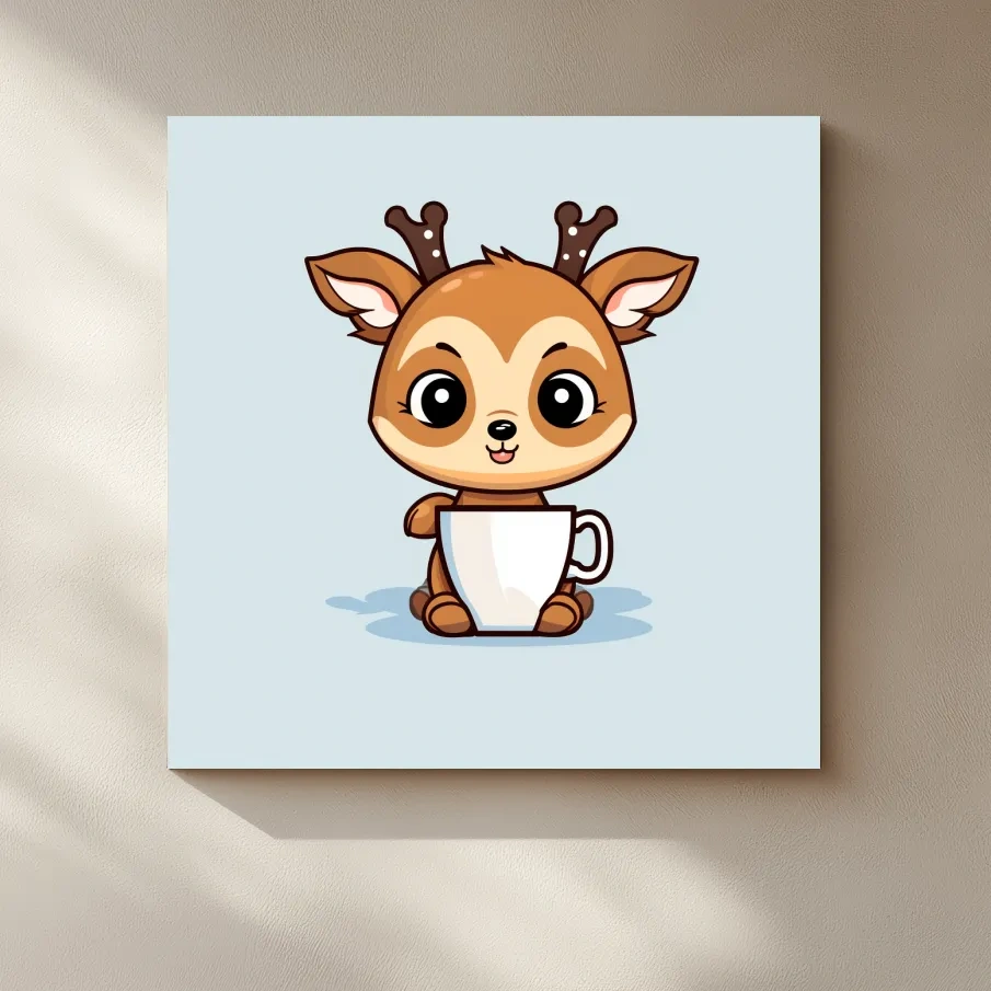 Cartoon illustration of a cute baby deer having morning coffee