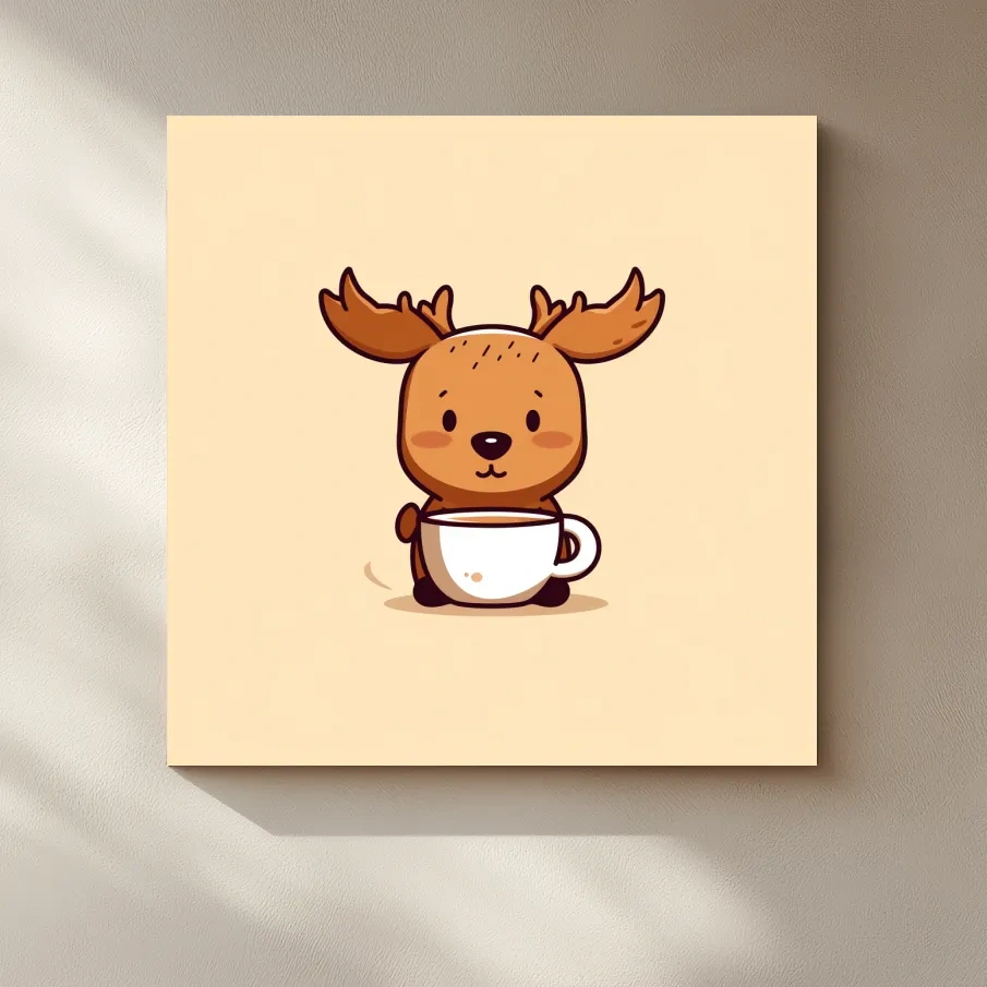 Cartoon illustration of a happy baby moose drinking coffee