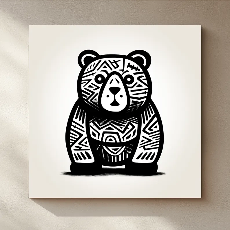 Tribal Pattern Bear Illustration - Quirky Black And White Animal Wall Art