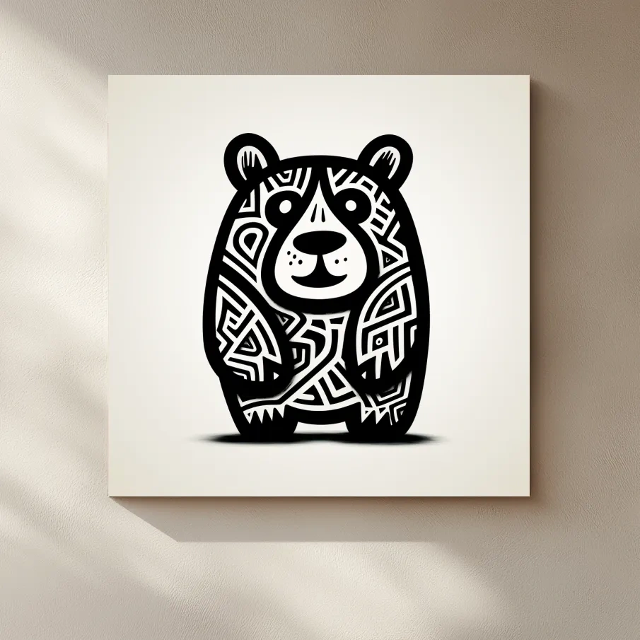 Tribal Cartoon Bear Illustration - Minimalist Black And White Wildlife Wall Art