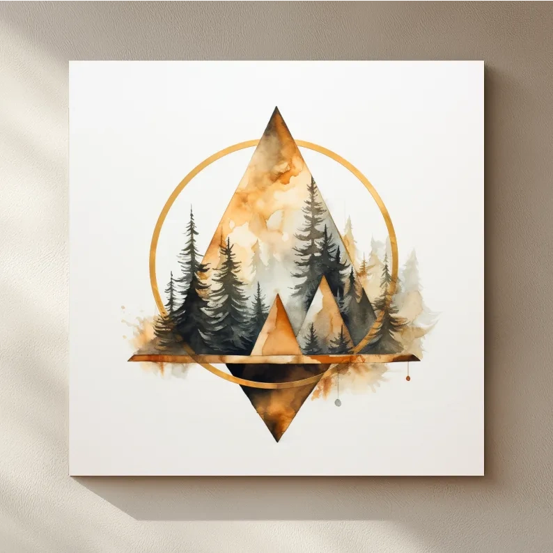 Geometric Watercolor Mountain & Pine Forest - Modern Rustic Nature Wall Art