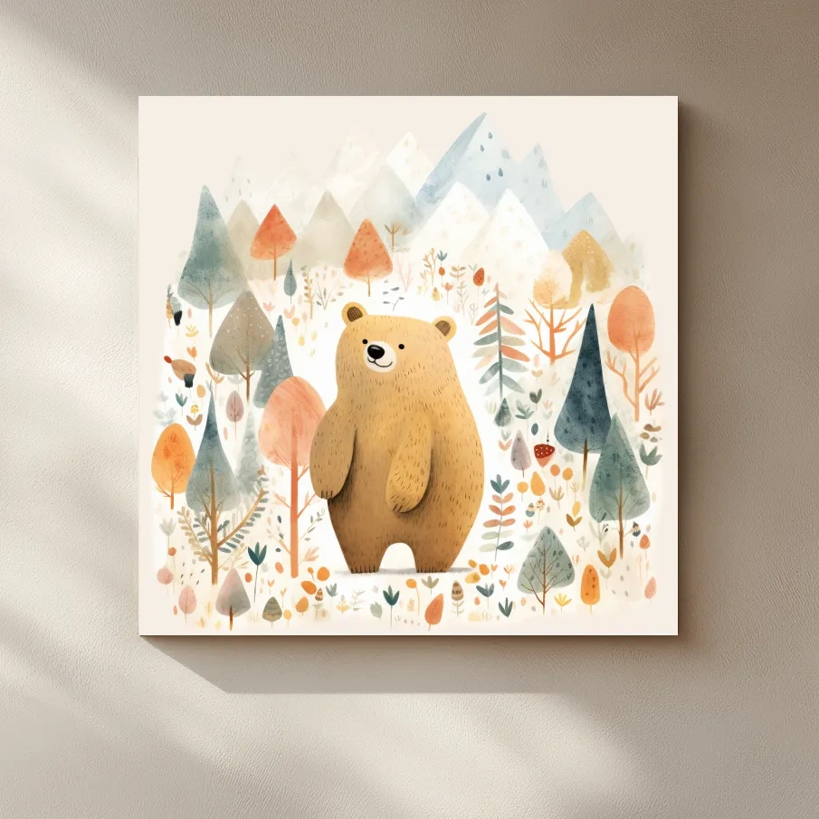 Cute quirky storybook nursery art, a brown bear in the mountains