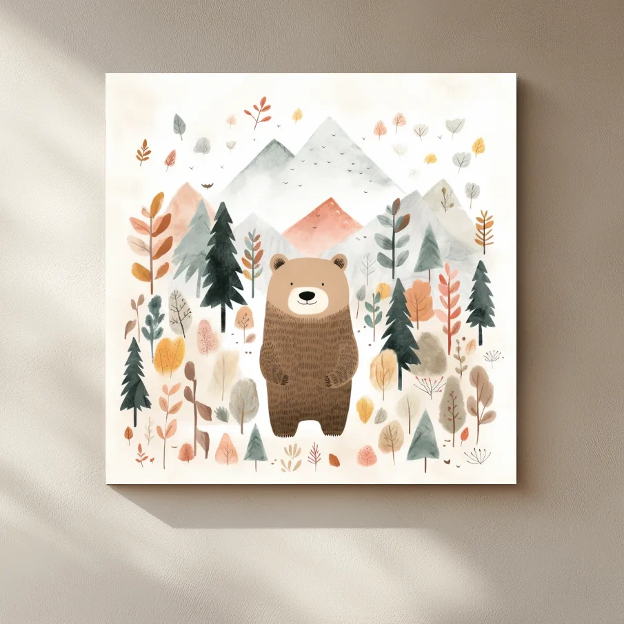 Nursery storybook art illustration of a brown bear in the forest