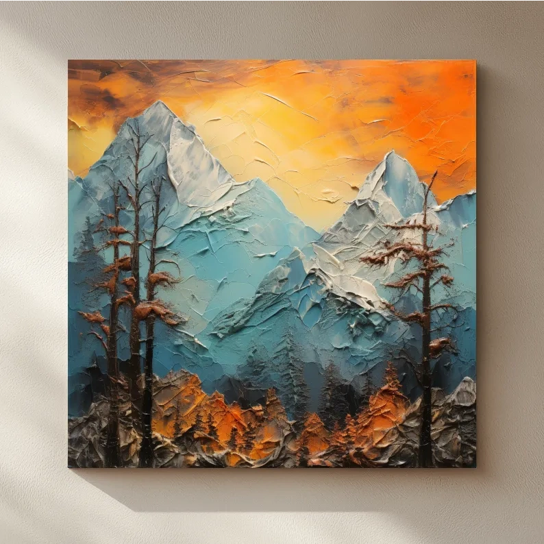 Abstract Alpine Mountains At Sunset - Impasto Effect Landscape Wall Art