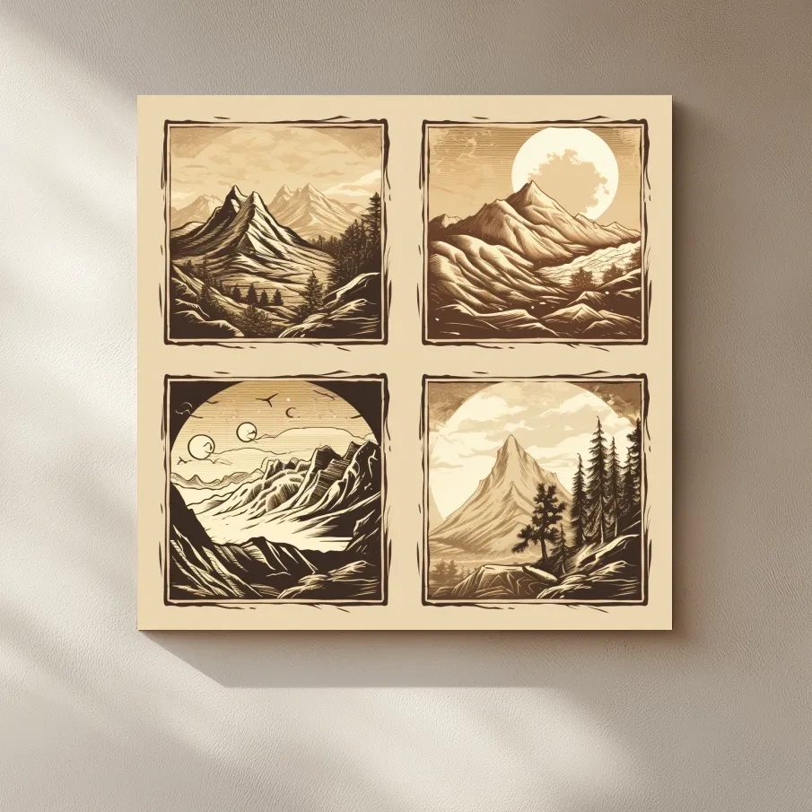 4x4 grid alpine mountain artwork, vector style illustrations, sepia tone