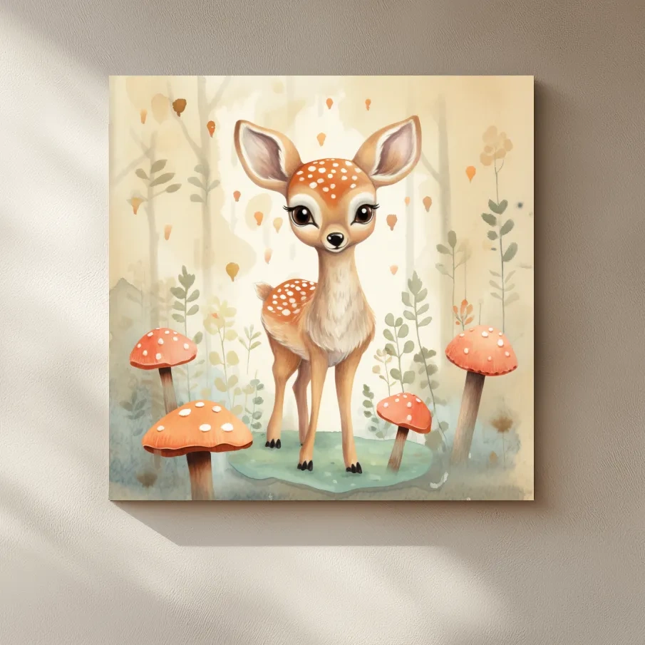 Nursery art, illustration of a cute baby fawn in the forest