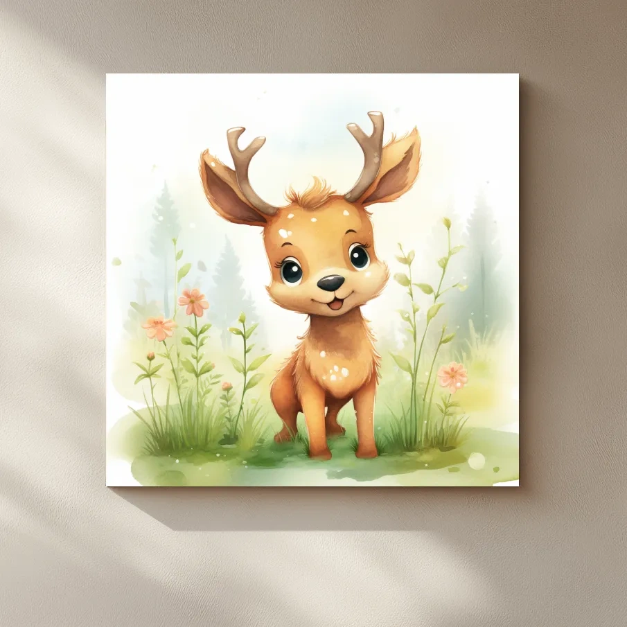Water color nursery art painting, a cute baby deer sitting in the forest