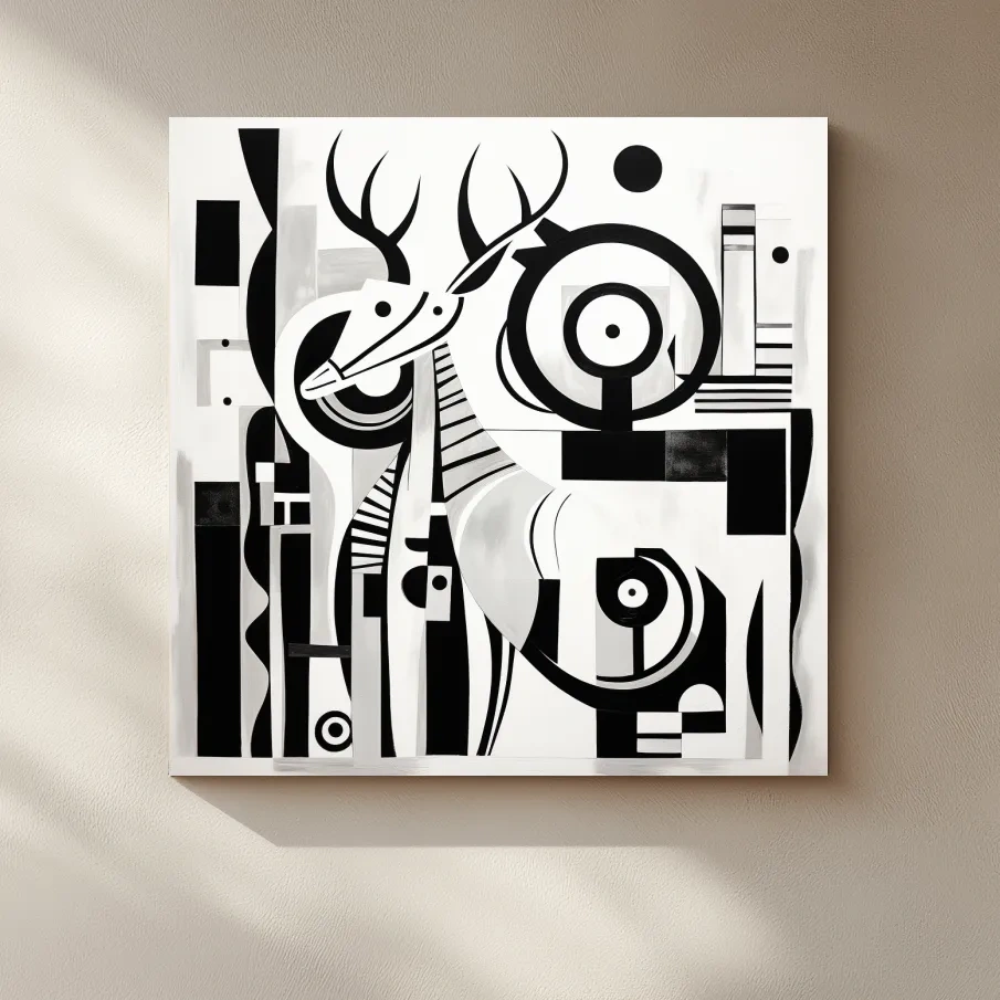 Abstract Geometric Deer Artwork - Mid-Century Black And White Animal Wall Art