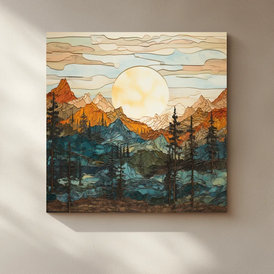 Stained Glass Mountain Sunset Landscape - Colorful Mosaic Forest Wall Art
