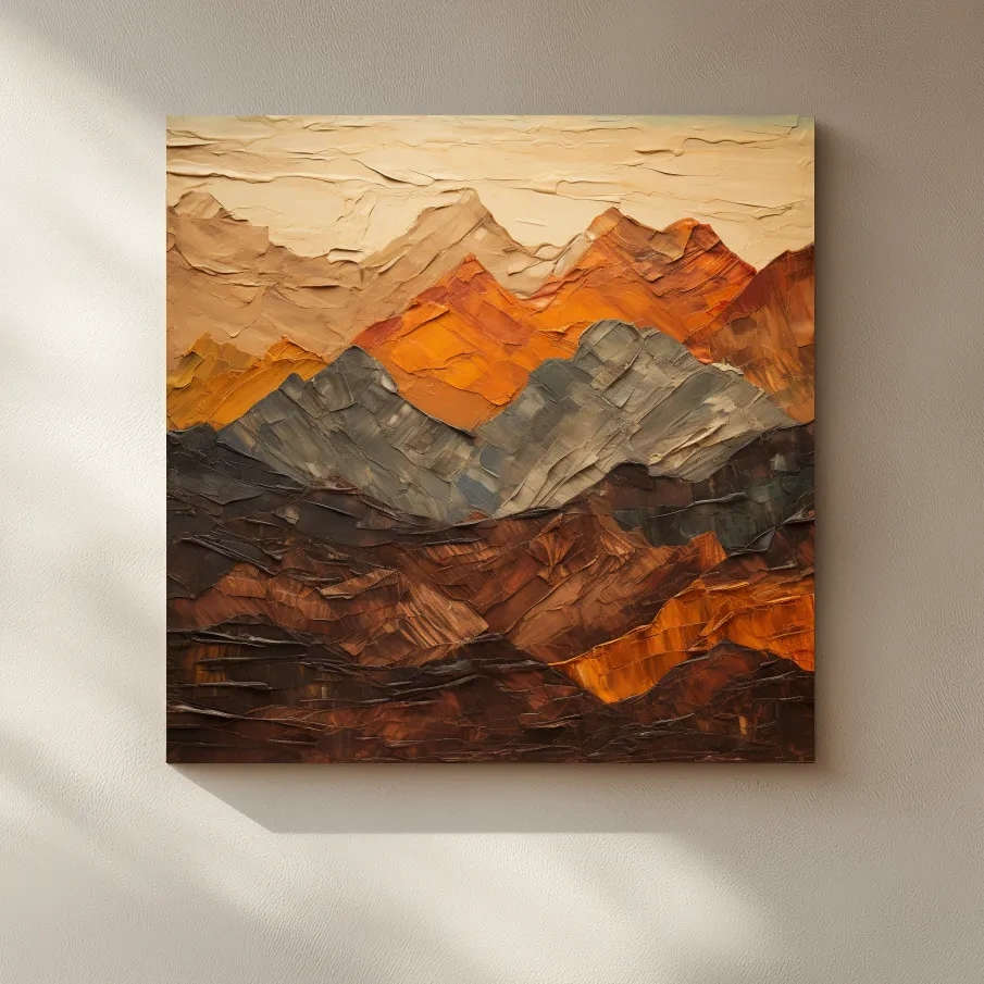Textured impasto painting of earthy coloured mountains