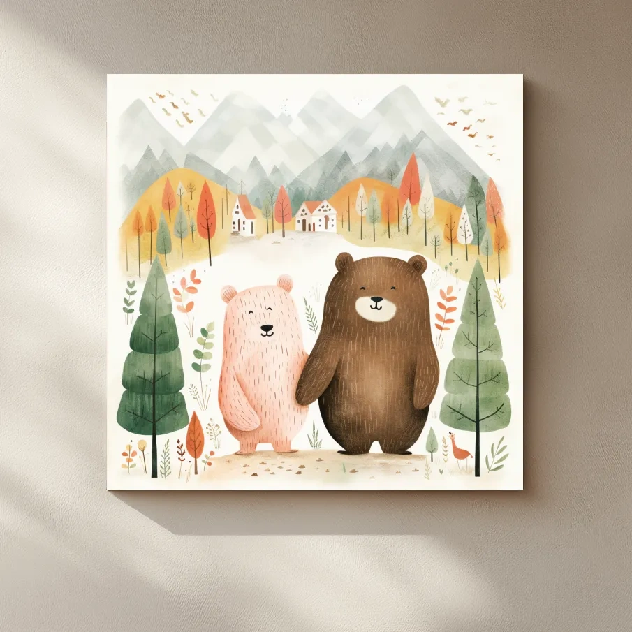 Cute storybook nursery art, bears holding hands in the mountains