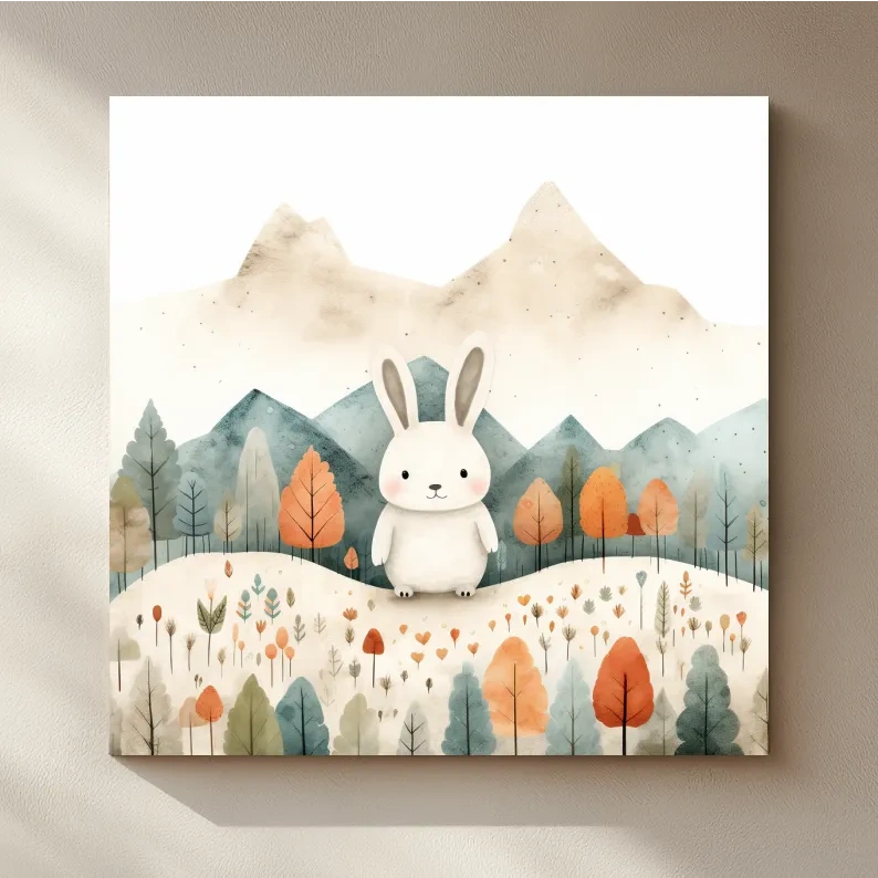 Cute Watercolor Bunny In Mountain Forest - Whimsical Nursery Woodland Wall Art