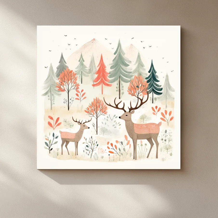 Storybook nursery art illustration, deer family in the forest