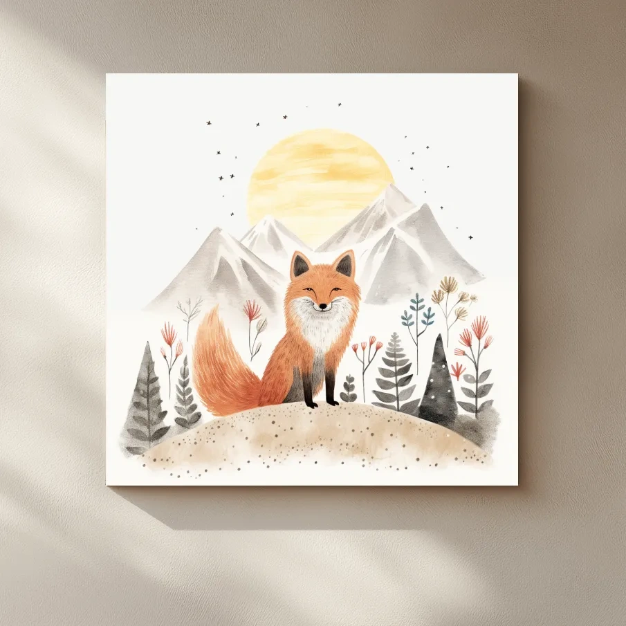Whimsical Watercolor Fox Mountain Sunrise - Nursery Woodland Animal Wall Art