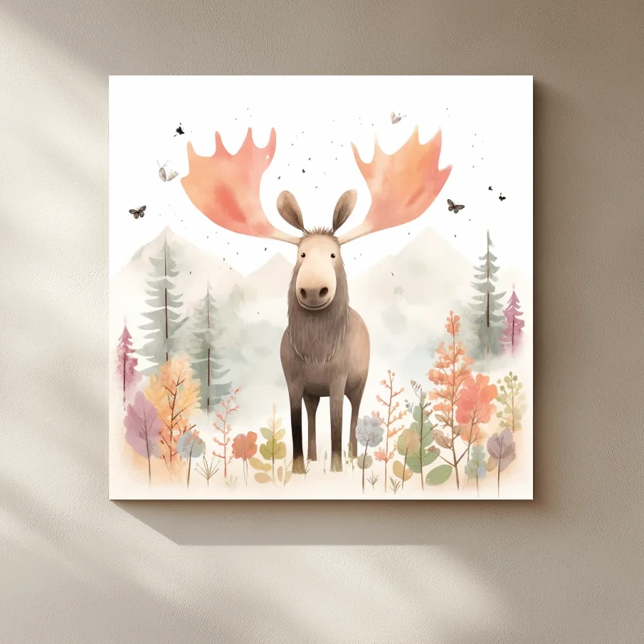 Nursery storybook artwork illustration, a happy moose in the mountains