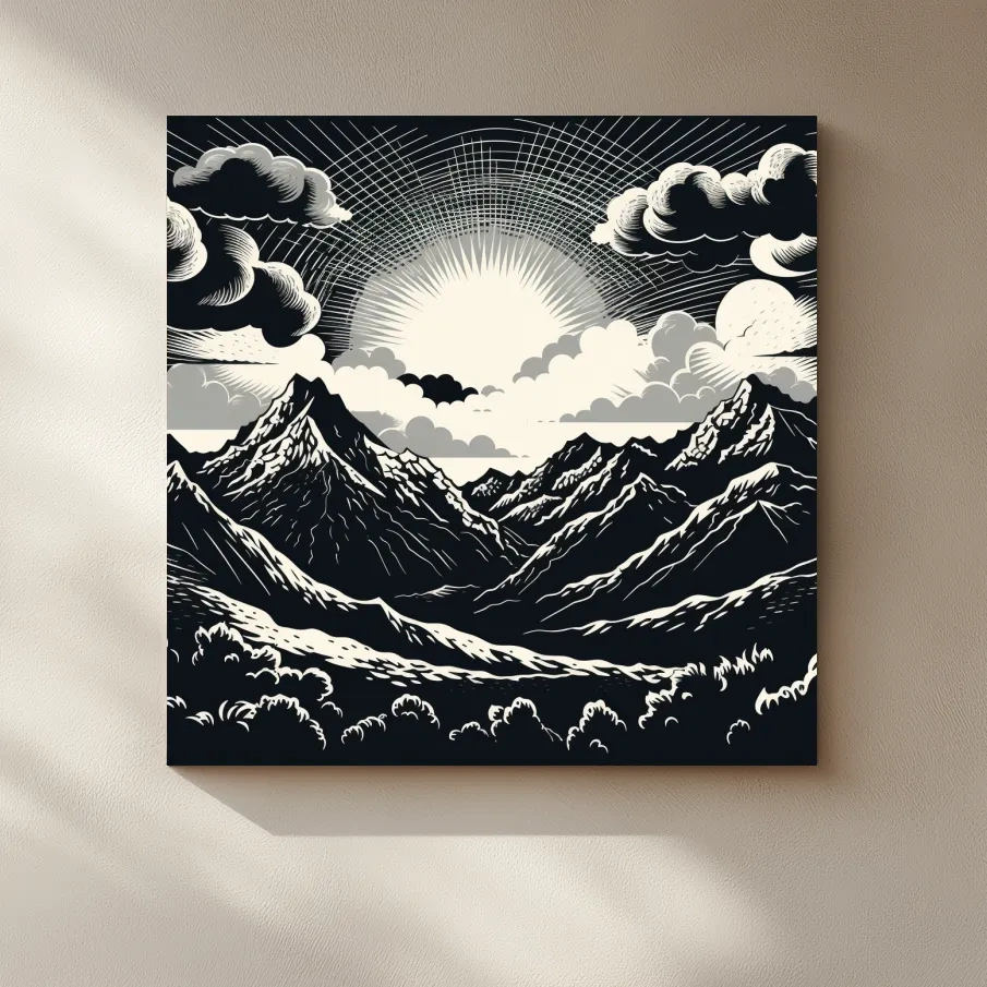Sunset over mountain ranges, linocut style black & white artwork