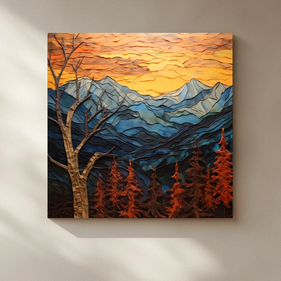 Alpine mountain sunset, layered mixed media style artwork