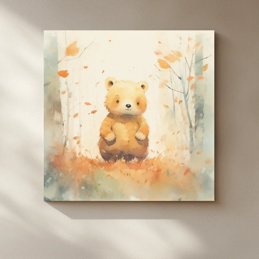 Cute Watercolor Bear Cub In Autumn Forest - Whimsical Nursery Animal Wall Art