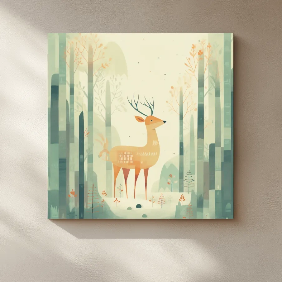 Deer in a forest, quirky nursery artwork illustration