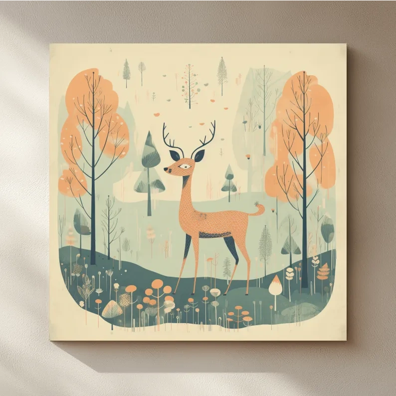 Whimsical Deer in Pastel Forest Illustration - Folk Art Woodland Nursery Wall Art