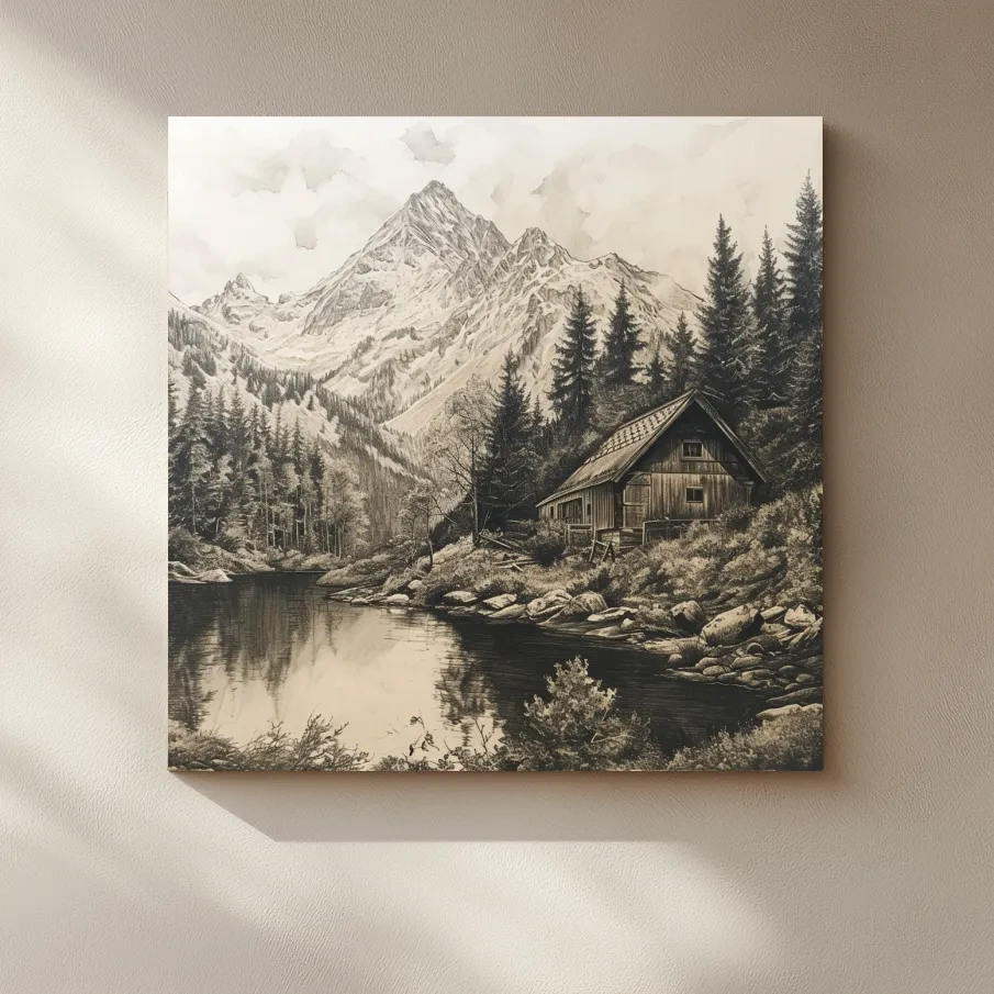 Lead pencil drawing artwork of a cabin on an alpine lake