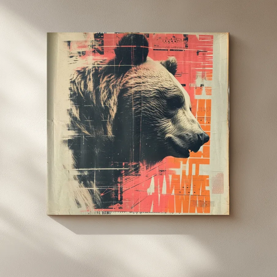 Grizzly bear artwork, magazine collage style art illustration
