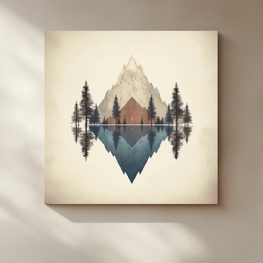 Minimalist Geometric Mountain Lake Reflection - Pine Forest Landscape Wall Art