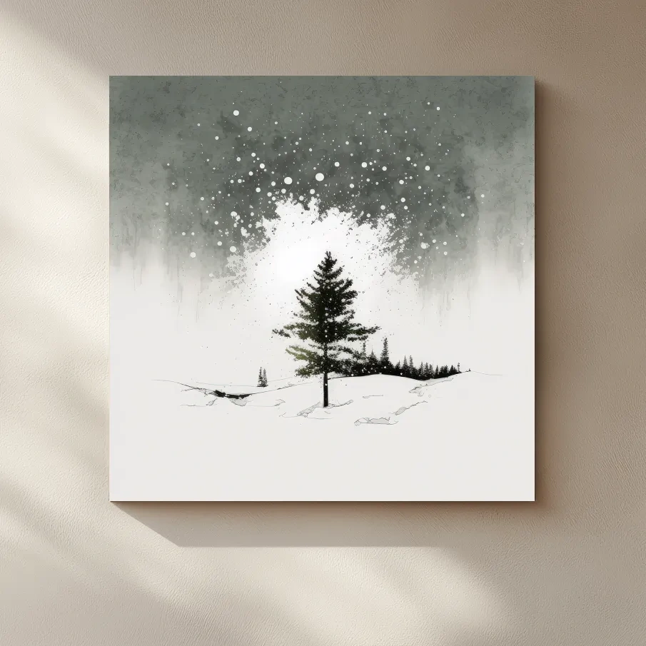 Minimal black and white art painting, lonely winter tree in the snow