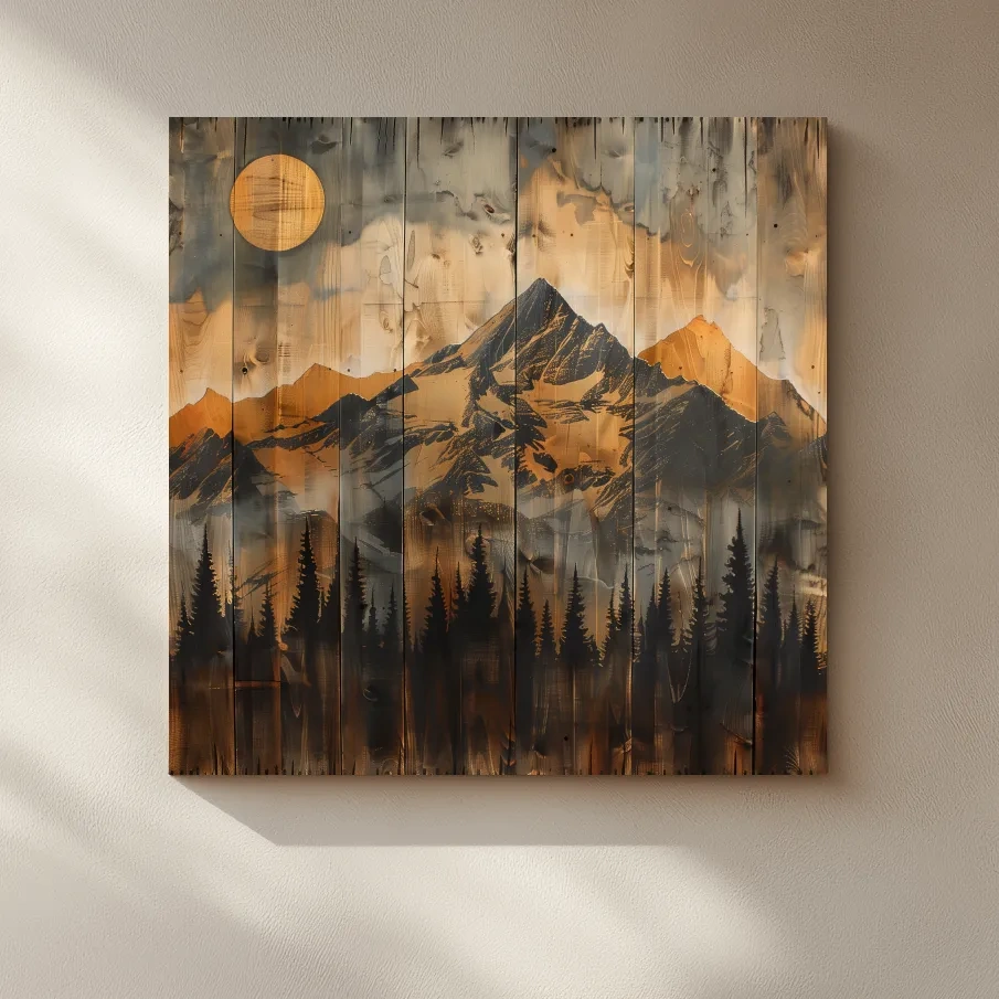 Mountain range alpine forest art, rustic wood burning effect, wood panel art