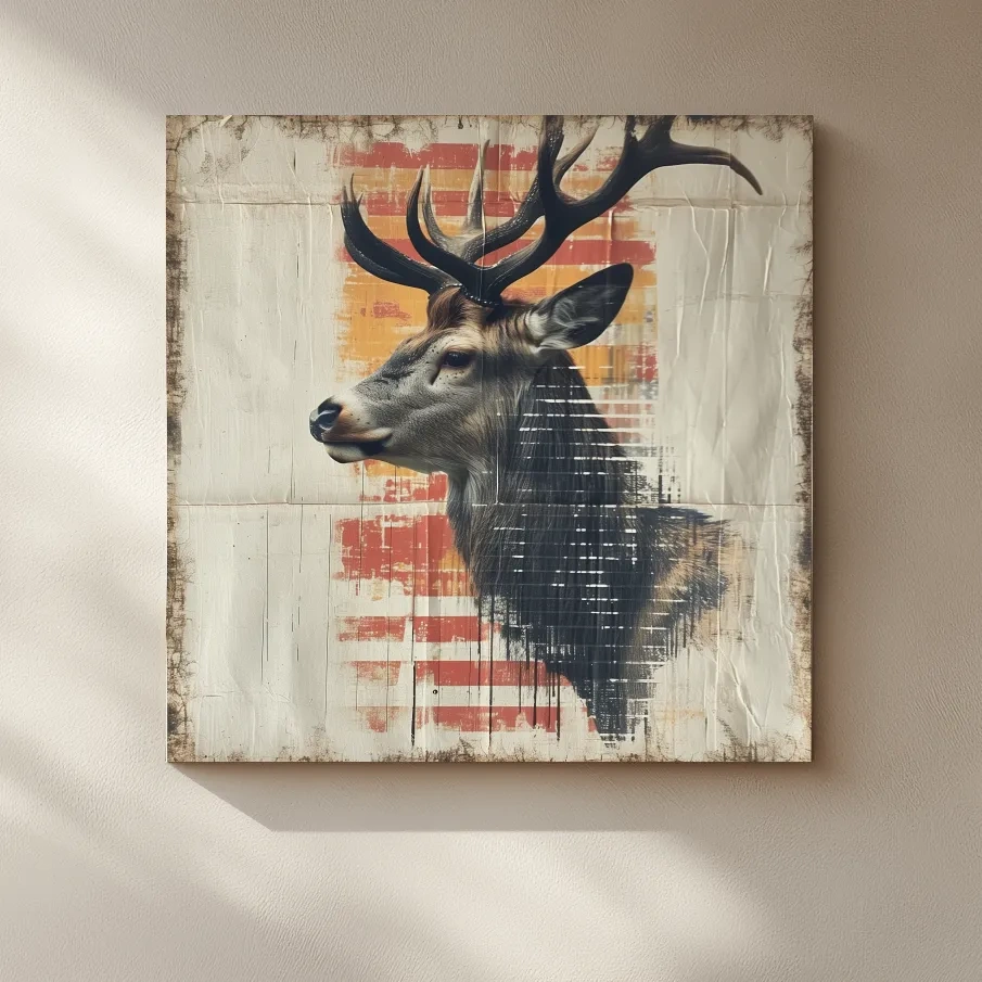 Deer head artwork, collage style art on textured paper
