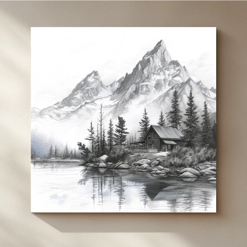 Monochrome Mountain Lake Cabin Sketch - Rustic Alpine Glacier Wall Art