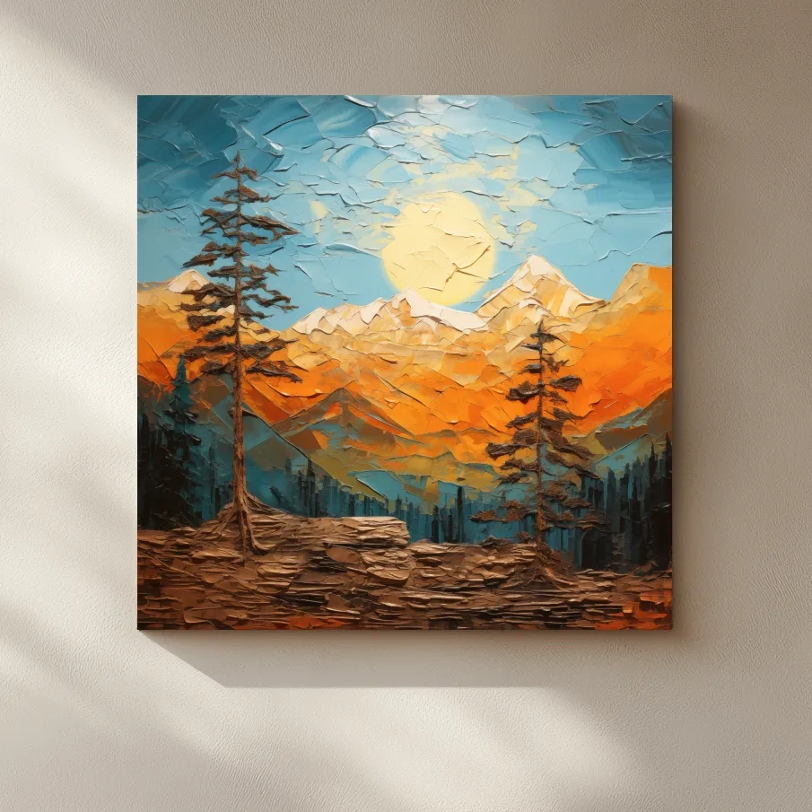 Mountains at sunset artwork print, thick impasto textured oil painting effect