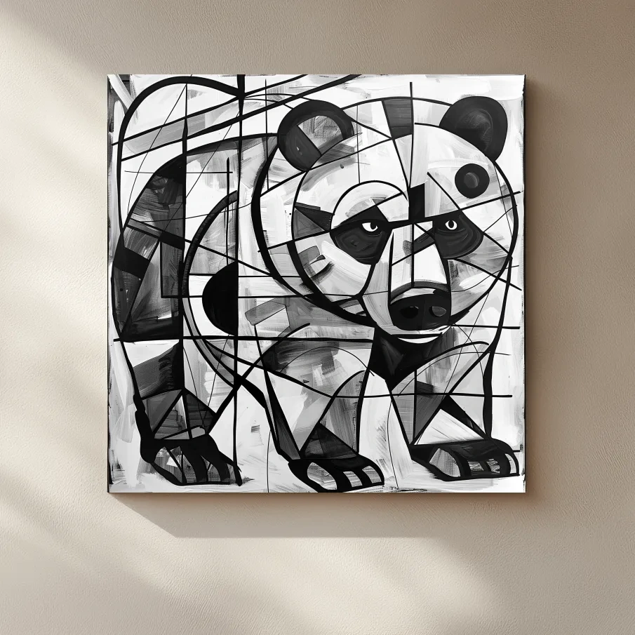 Abstract cubism style painting of a black bear