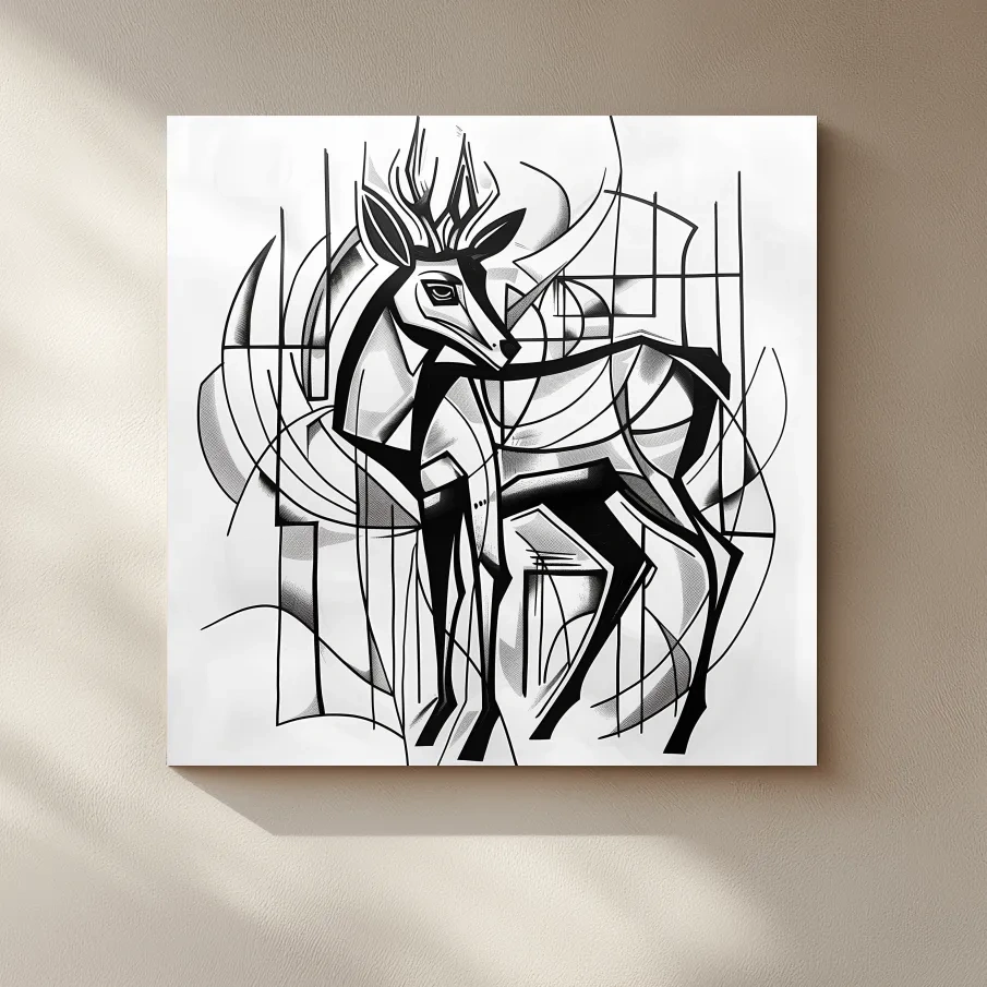 Cubism Abstract Stag Artwork - Modern Black And White Wildlife Wall Art