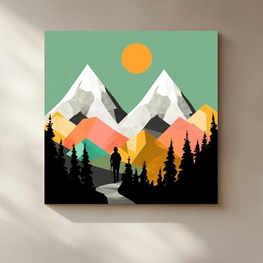 A mountain art scene made from colourful abstract shapes