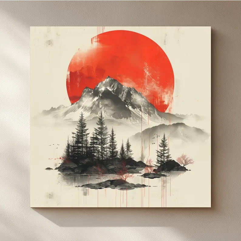 Japandi style minimalist artwork, sunset over a mountain glacier