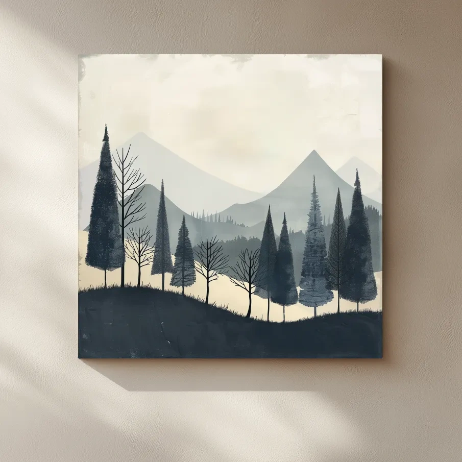 Minimalist Nordic Mountain Forest Landscape - Serene Scandinavian Nature Wall Art