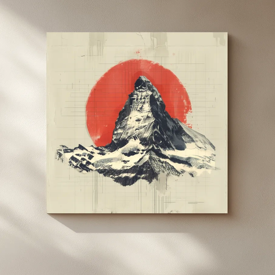 Matterhorn at sunset drawing, Swiss Alps, Japandi style illustration mountain artwork