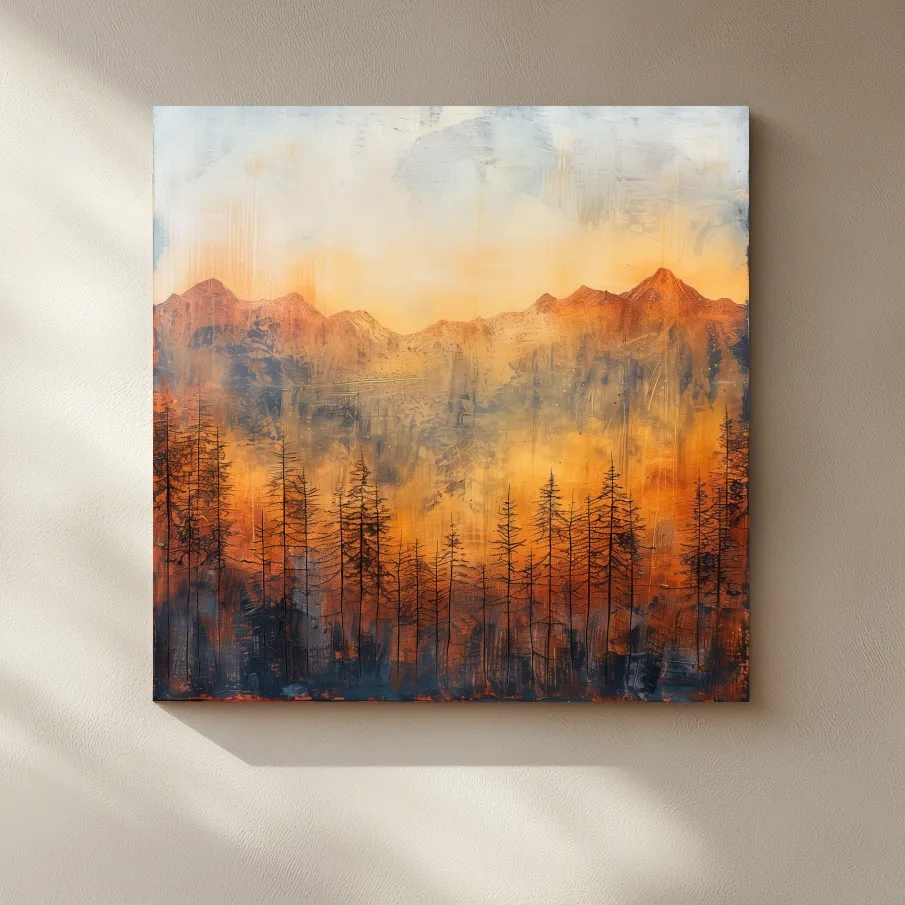 Landscape painting, mountains and trees, textured mixed-media style artwork