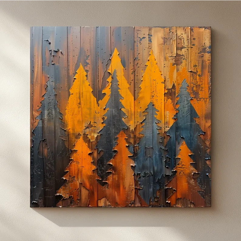 Autumn Pine Forest Silhouettes - Rustic Painted Wood Wall Art